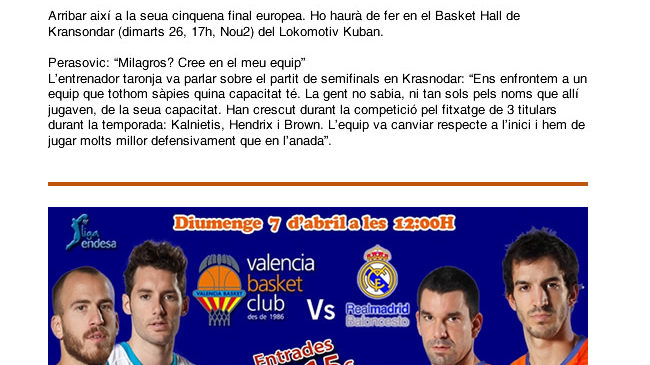 Diseñado y desarrollo de newsletters para el equipo de balencesto de Valencia, Valencia Basket